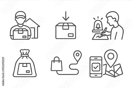 Last Mile Delivery Icons. Line style icons of last mile delivery: home delivery, package drop, doorbell, customer sign. parcel bag