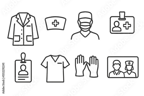 Healthcare Staff Icons. Line style icons of healthcare staff: doctor coat, nurse hat, surgeon mask, medical badge. staff ID, scrub