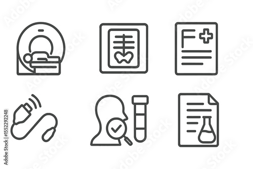 Diagnostics Line Icons. Line style icons of diagnostics: MRI scanner, X-ray image, test tube, medical report. ultrasound probe,