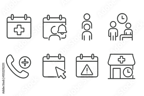 Medical Icons Set. Line style icons of medical appointments: calendar icon, appointment reminder, patient queue, waiting room.