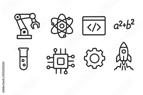 STEM Education Icons. Line style icons of STEM education: robot arm, atom icon, coding screen, math formula. test tube, circuit