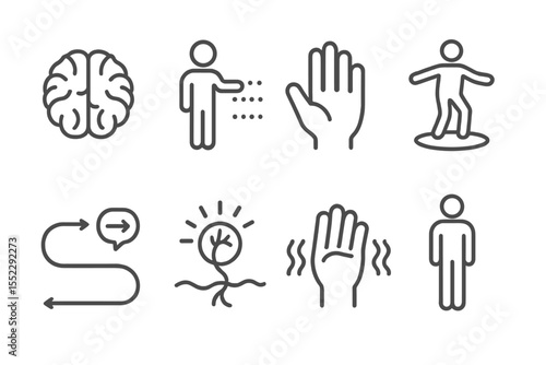 Neurological Rehab Icons. Line style icons of neurological rehab: brain icon, motor function test, coordination hand, balance