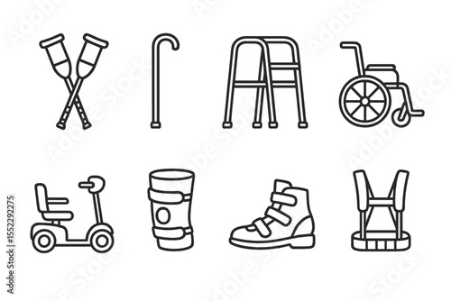 Assistive Device Icons. Line style icons of assistive devices: crutches, walking cane, walker frame, wheelchair. mobility scooter,