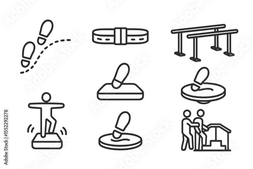 Gait and Balance Icons. Line style icons of gait and balance: walking path, gait belt, parallel bars, step training. balance pad,