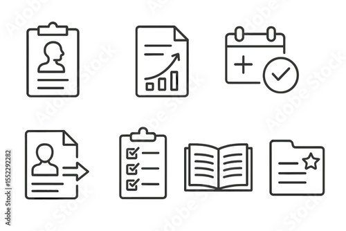 Rehab Document Icons. Line style icons of rehab documentation: patient chart, progress form, treatment log, follow-up icon.