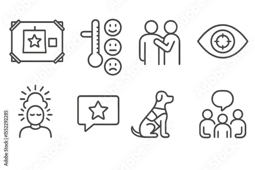 Mental Support Icons. Line style icons of mental support in rehab: motivation board, emotional scale, support person, goal vision.