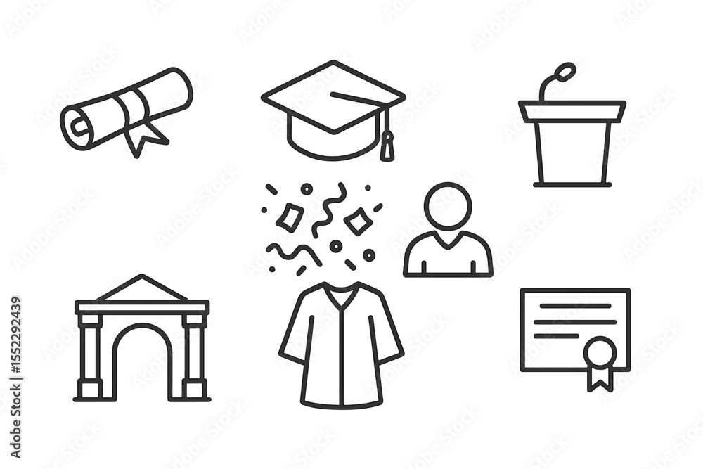 Graduation Symbols. Line style icons of graduation day: diploma, graduation cap, student figure, podium. confetti, university gate Graduation Symbols. Line style icons of graduation day: diploma, graduation cap, student figure, podium. confetti, university gate