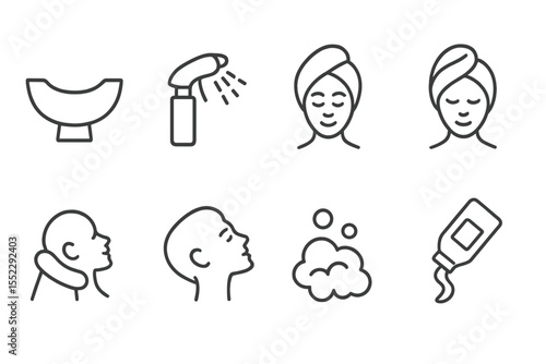 Hair Care Icons. Line style icons of washing and rinsing: shampoo basin, water sprayer, rinse icon, towel wrap. neck support, head