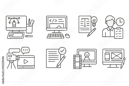 Creative Job Icons. Line style icons of creative professions: graphic designer, web developer, copywriter, project manager.