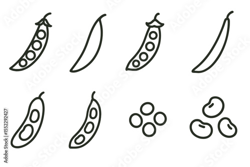 Legume Icon Collection. Line style icons of legumes and pods: green pea, snow pea, sugar snap, green bean. broad bean, edamame,