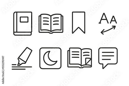 eBook Reader Line Icons. Line style icons of eBook reader apps: book cover, reading page, bookmark icon, font size. highlight tool