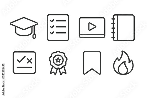 Learning App Icons. Line style icons of learning apps: graduation cap, course list, video lesson, notebook. quiz icon, certificate