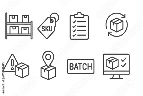 Inventory Icons. Line style icons of inventory management: stock level, SKU tag, inventory sheet, reorder icon. low stock warning,