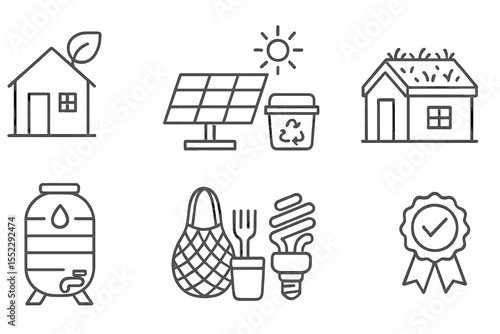 Sustainable Living Icons. Line style icons of sustainable living: eco home, solar panels, compost bin, green roof. rainwater tank,