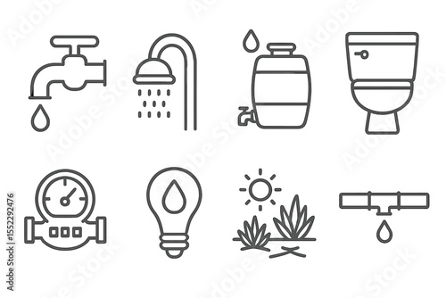 Water Conservation Icons. Line style icons of water conservation: faucet drop, low-flow shower, rainwater barrel, dual flush.