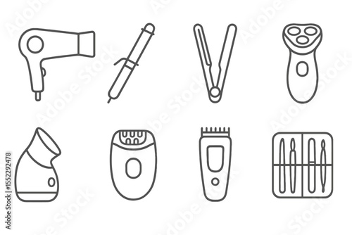 Beauty Appliance Icons. Line style icons of beauty appliances: hair dryer, curling iron, flat iron, electric shaver. facial