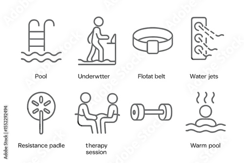 Hydrotherapy Icon Set. Line style icons of hydrotherapy: pool ladder, underwater treadmill, float belt, water jets. resistance