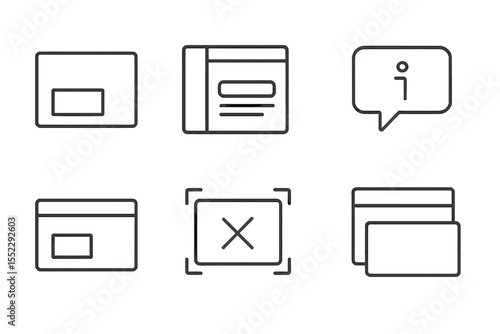 UI Overlay Icons. Line style icons of overlay actions: pop-up modal, sidebar open, dropdown panel, tooltip icon. floating window,
