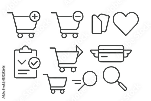 Shopping Action Icons. Line style icons of shopping actions: add to cart, remove from cart, favorite item, compare products.