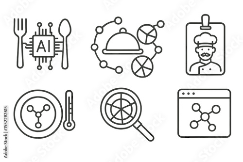 Futuristic Food Icons. Line style icons of future food and nutrition: AI food pairing icon, molecular gastronomy badge, flavor