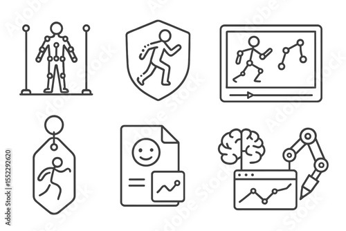 Futuristic Digital Art Icons. Line style icons of future digital art: motion capture studio icon, performance trace badge,