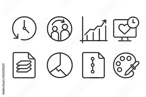 Future Digital Icons. Line style icons of future digital art: time-based art icon, generational shift badge, evolving canvas chart