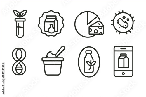 Future Food Icons. Line style icons of future food and nutrition: synthetic dairy icon, lab-made milk badge, animal-free cheese