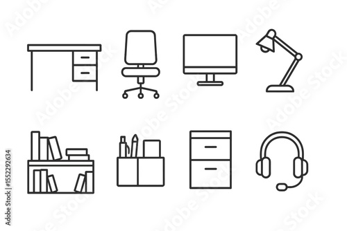Home Office Icons. Line style icons of home office furniture: desk, office chair, monitor, desk lamp. bookshelf, organizer, file