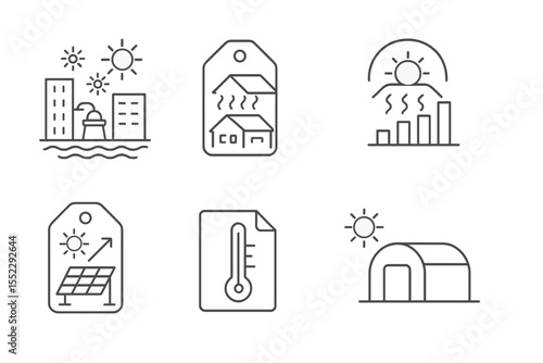 Climate Tech Icons. Line style icons of climate tech and green innovation: urban cooling system icon, rooftop mist badge, heat