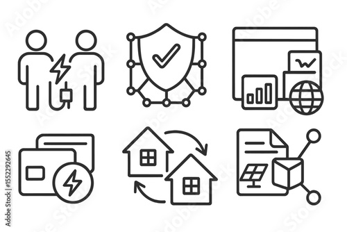 Climate Tech Icons. Line style icons of climate tech and green innovation: peer-to-peer energy trade icon, smart contract badge,