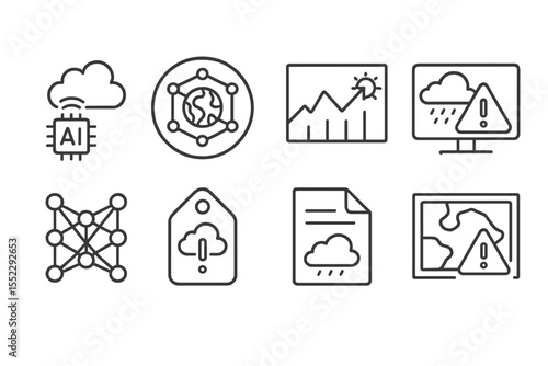 Climate Tech Icons. Line style icons of climate tech and green innovation: climate forecasting AI icon, simulation model badge,