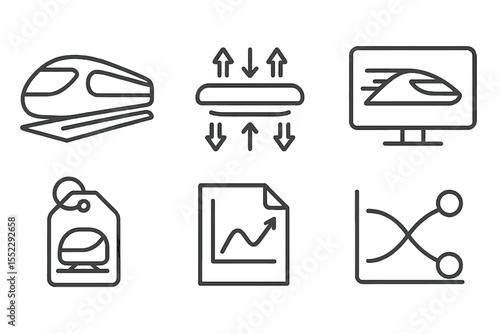 Future Mobility Icons. Line style icons of future mobility: next-gen rail icon, linear motor badge, levitation chart, high-speed