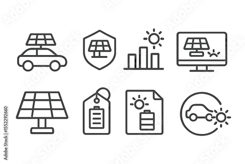Future Mobility Icons. Line style icons of future mobility: solar-powered vehicle icon, roof panel badge, sun charge chart,