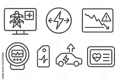 Smart Grid Icons. Line style icons of urban safety and smart infrastructure: electric grid monitor icon, power flow badge, outage