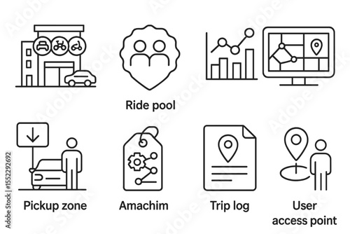 Future Mobility Icons. Line style icons of future mobility: shared mobility hub icon, ride pool badge, micro-transit chart,