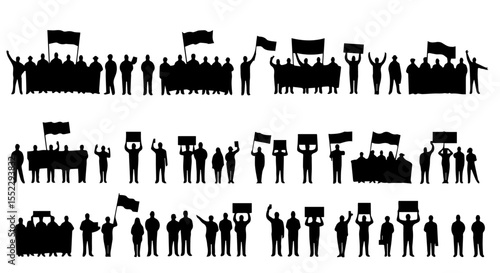 Silhouettes of protesters demonstrating with banners and signs show collective action and solidarity in a vector illustration