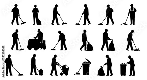 Janitors and cleaners in action, silhouettes depicting cleaning crew at work on white background, ideal for sanitation and maintenance themes.