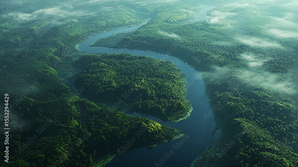 Fototapeta premium Lush river winding through misty mountain landscape