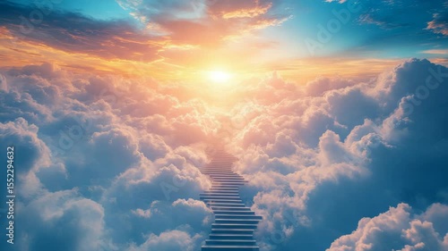Dreamlike stairway rising through soft clouds toward a glowing sunrise, painted sky background, concept of heaven or afterlife journey