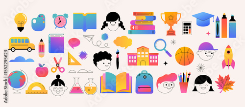 Back to school, education, children and school supplies icons set