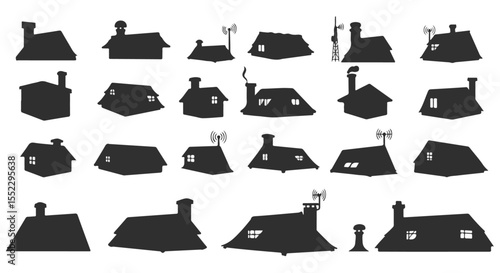 Different house silhouettes, offering a variety of architectural styles and roof designs for graphic projects or creative compositions.