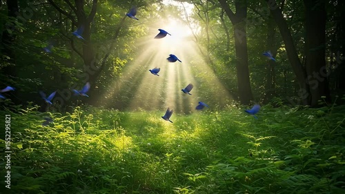Blue Birds Flying Through Sunlight Beams in a Dense Green Forest Scene