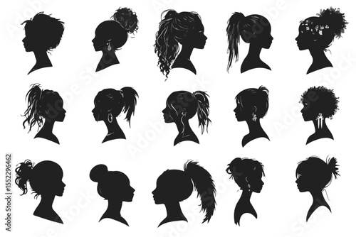 Black female hairstyles silhouettes showcasing diverse hair textures and elegant updo options against a white background