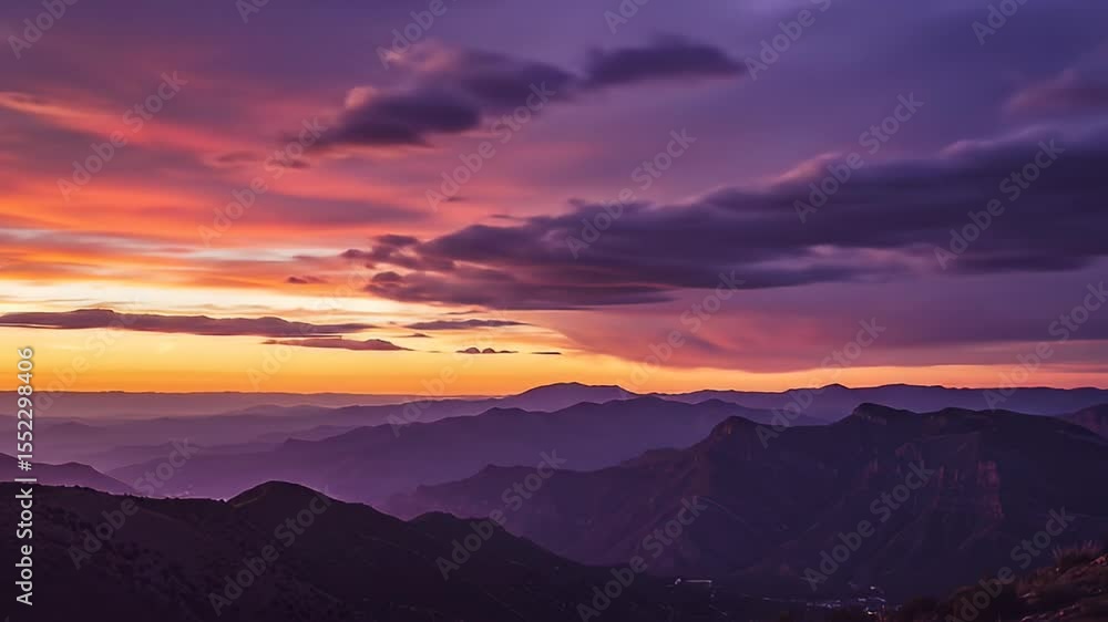 Dramatic Sunset Over Mountain Range Showcasing Vibrant Colors and Cloud Formations