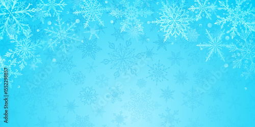 Christmas illustration in light blue tones featuring intricate snowflakes of varying sizes and designs arranged on top, with barely noticeable dark silhouettes of snowflakes in the background.