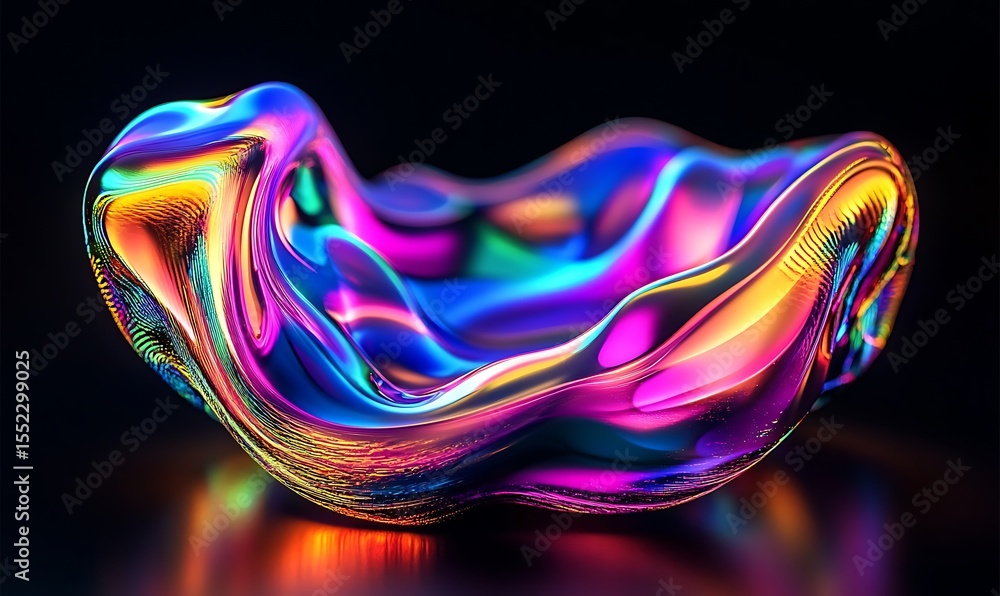 Obraz premium Abstract iridescent shape, colorful crystal, 3d render. Glowing and holographic glass shapes isolated on black. Neon light Illuminated Futuristic technology design.