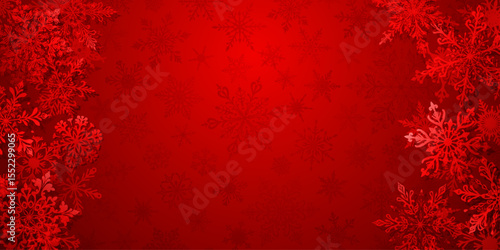 Christmas illustration in red tones featuring intricate snowflakes of varying designs placed on the sides, left and right, with barely noticeable silhouettes of snowflakes in the background.