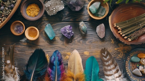 Collection of sacred shamanic tools laid out on an altar, feathers, crystals, and incense,