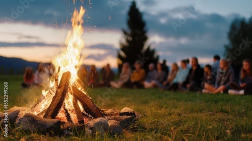 Shamanic fire ceremony at night, embers rising into the dark sky, 