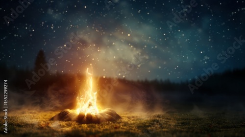 Shamanic fire ceremony at night, embers rising into the dark sky,